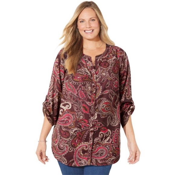 Catherine Paisley tunic blouse colorful satin roll tab sleeve bohemian plus size - Picture 1 of 10